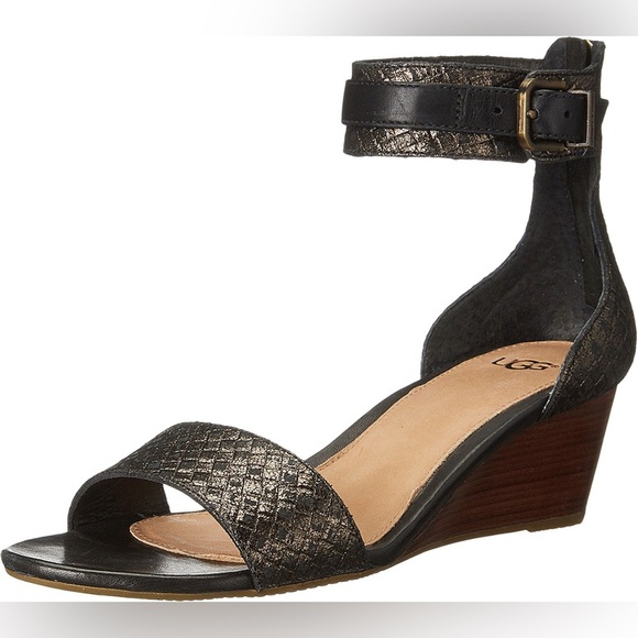 Preloved UGG Women's Char Black Metallic Wedge Sandal Women's Size 10 - Picture 1 of 9